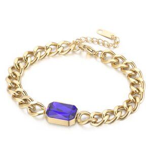18k Gold Plated Curb Chain Bracelet, Simulated Stone, Stainless Steel